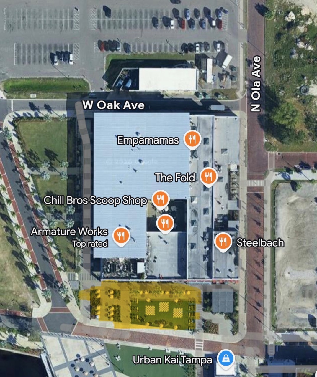 Aerial map of Armature Works with the outdoor lawn on the river side highlighted